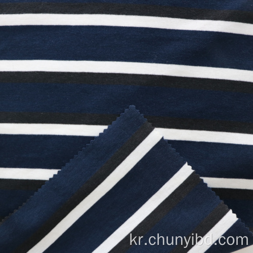도매 부드러운 스트레치 스트라이프 패턴 원사 염색 된 1x1 늑골 knitted 직물 폴리 에스테르면 스판덱스 혼합 직물 의류